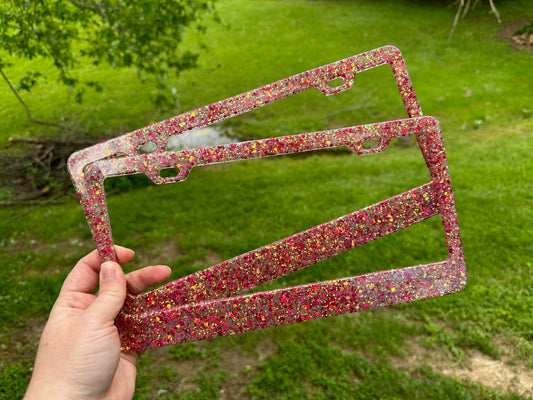 Red and Gold Iridescent Chunky Glitter Mix License Plate Frame