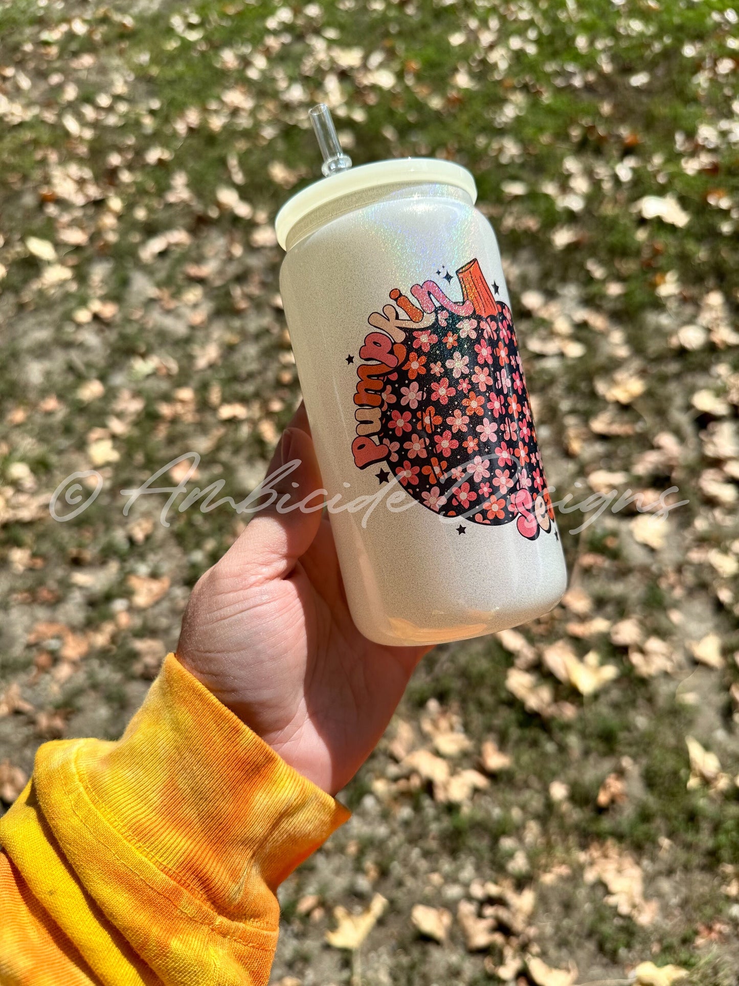 Pumpkin Season Patterned Holographic 16oz Glass Tumbler