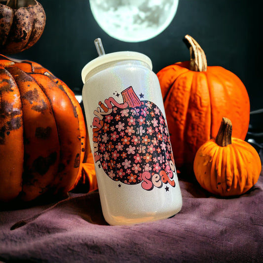 Pumpkin Season Patterned Holographic 16oz Glass Tumbler