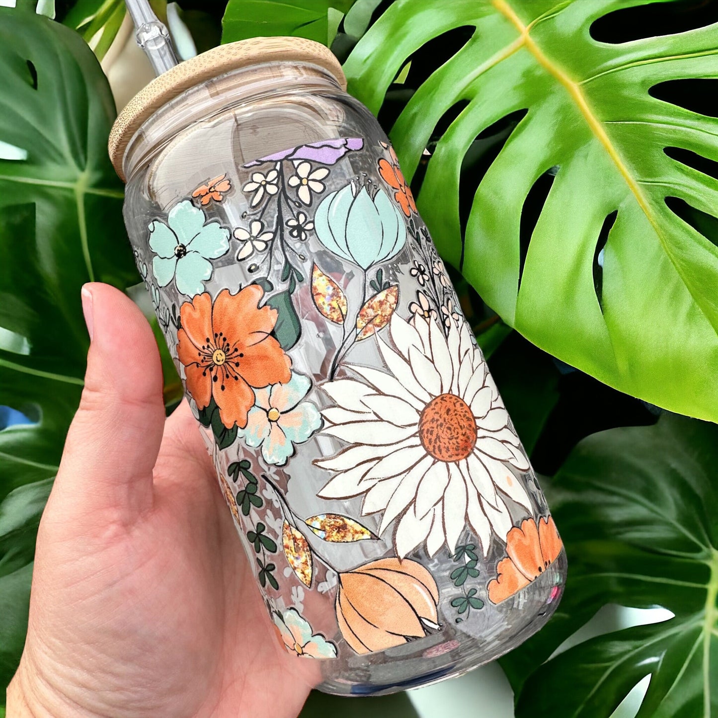 Flower Power Boho 16oz Glass Tumbler